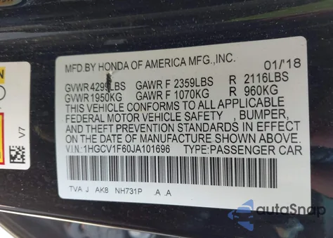 2018 Honda Accord Ex-L from USA, damaged, VIN 1HGCV1F60JA101696